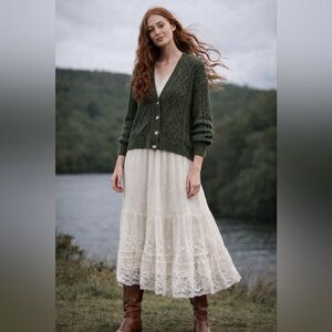 LOFT NWT Flecked Cable Knit Cardigan Sweater Olive Dark Caper V-Neck Cotton Sz M